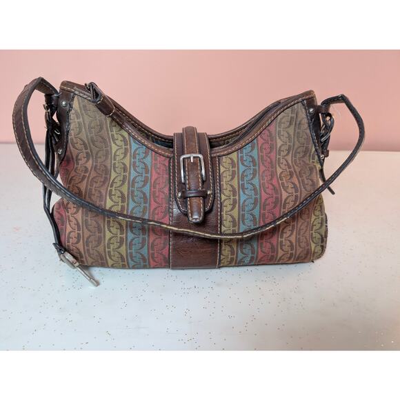 Vintage Fossil Shoulder Bag Multicolor Brown Leather Canvas Monogram Y2K Hobo - Picture 6 of 16